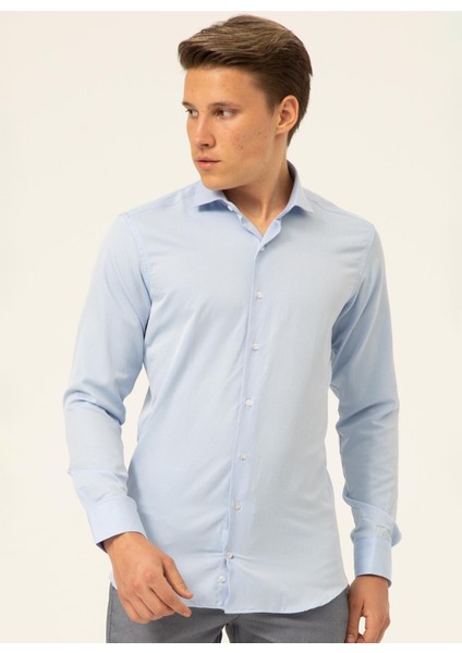 Slim Fit Klasik Yaka Armürlü Mavi Erkek Gömlek GM2024700405