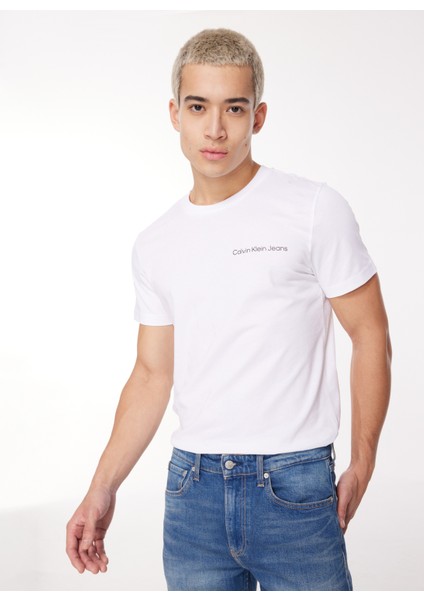 Bisiklet Yaka Düz Beyaz Erkek T-Shirt J30J322547YAF