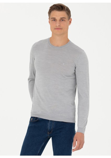 Bisiklet Yaka Slim Fit Düz Açık Gri Erkek Kazak Elo