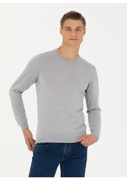 Bisiklet Yaka Slim Fit Düz Açık Gri Erkek Kazak Elo modelleri