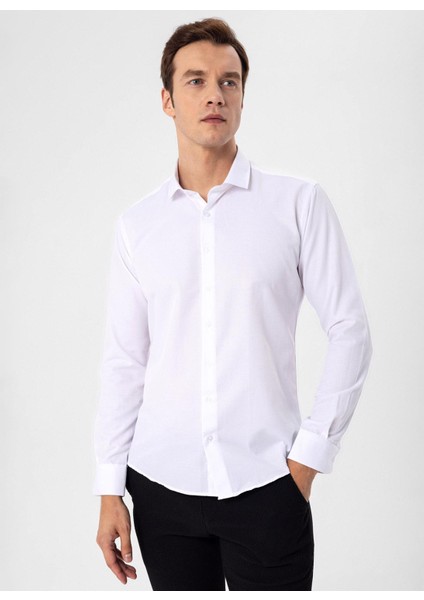 Slim Fit Klasik Yaka Armürlü Beyaz Erkek Gömlek GM2024700448