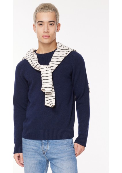 Klasik Yaka Normal Düz Mavi Erkek Kazak K2112PW_SEBASTIEN Lambswool