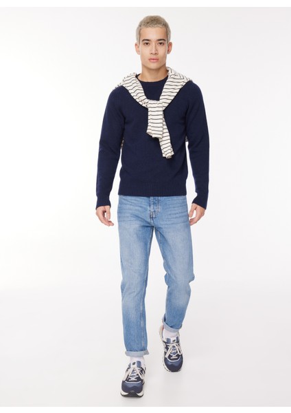 Klasik Yaka Normal Düz Mavi Erkek Kazak K2112PW_SEBASTIEN Lambswool