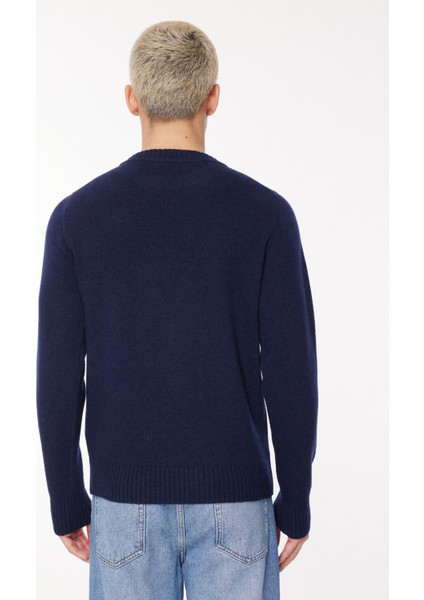 Klasik Yaka Normal Düz Mavi Erkek Kazak K2112PW_SEBASTIEN Lambswool
