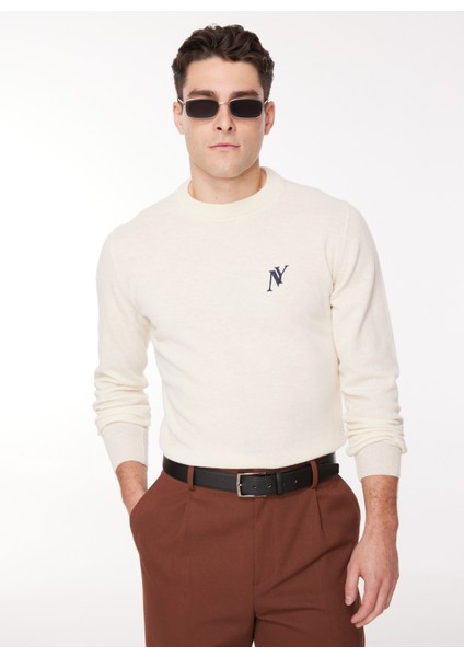 Bisiklet Yaka Regular Fit Baskılı Krem Erkek Kazak Kmw G514 Ny_downtown Regular Fıt