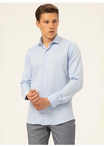 Slim Fit Klasik Yaka Armürlü Mavi Erkek Gömlek GM2024700424 fiyatları