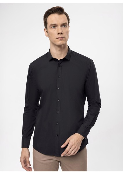 Slim Fit Klasik Yaka Düz Siyah Erkek Gömlek GM1007100578 fiyatları