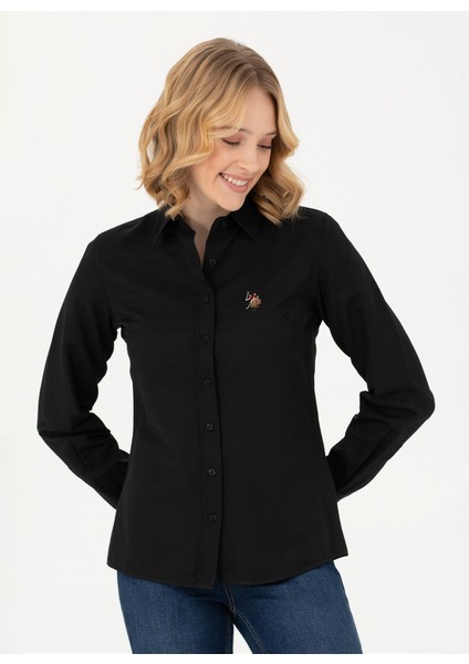 Slim Fit Gömlek Yaka Düz Siyah Kadın Gömlek WOXCOLOR023K