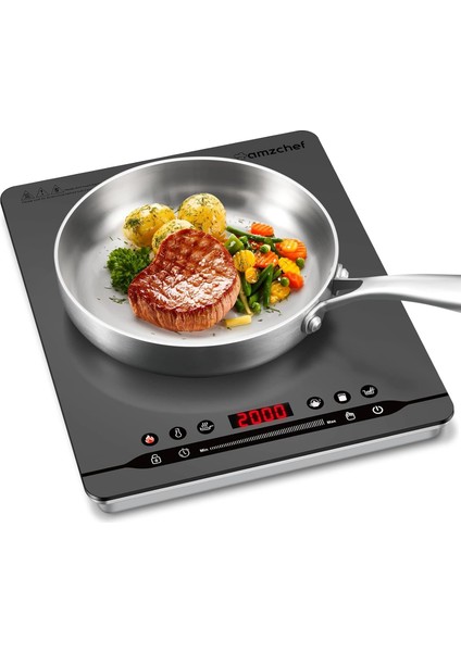 Plate Induction 2000W Indüksiyon Plakası, Taşınabilir, Sessiz Çalışma, 9 Güç Seviyesi ve Sıcaklık, 4 Menü Otomatik