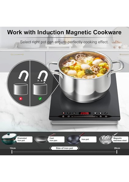 Plate Induction 2000W Indüksiyon Plakası, Taşınabilir, Sessiz Çalışma, 9 Güç Seviyesi ve Sıcaklık, 4 Menü Otomatik