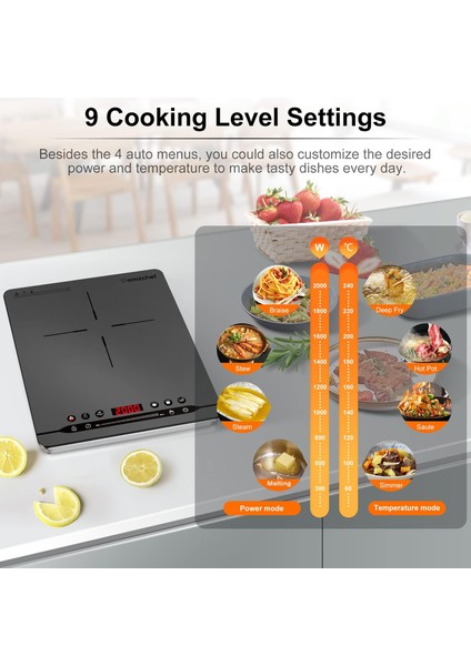 Plate Induction 2000W Indüksiyon Plakası, Taşınabilir, Sessiz Çalışma, 9 Güç Seviyesi ve Sıcaklık, 4 Menü Otomatik