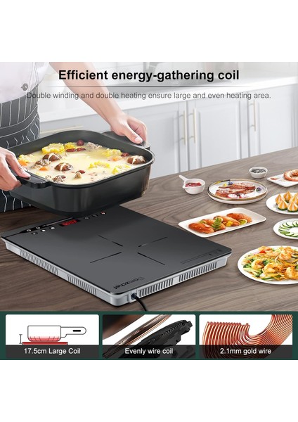 Plate Induction 2000W Indüksiyon Plakası, Taşınabilir, Sessiz Çalışma, 9 Güç Seviyesi ve Sıcaklık, 4 Menü Otomatik