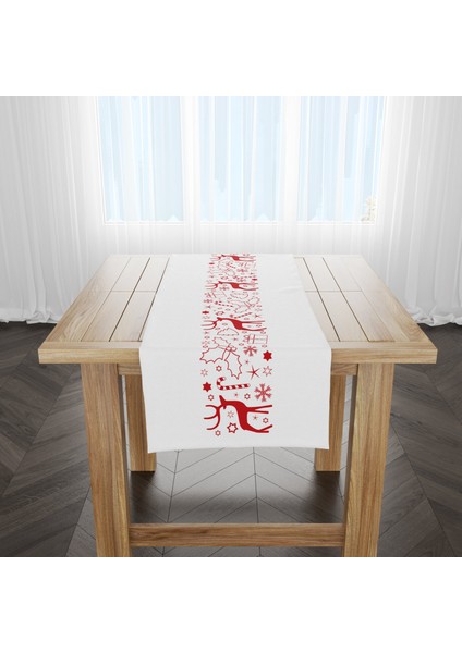 Geyikli ve Yapraklı / Beyaz Yılbaşı Temalı Runner Örtü