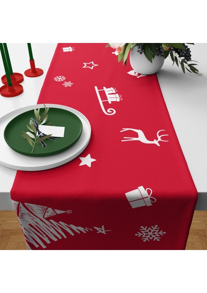 White / Red Pine Yılbaşı Temalı Runner Örtü