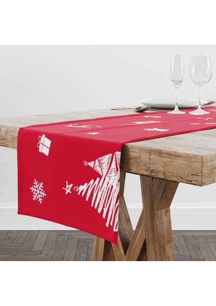 White / Red Pine Yılbaşı Temalı Runner Örtü