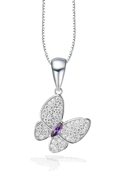 Ametist Taş Işıltılı Kelebek Diamond Butterfly Kadın Gümüş Kolye