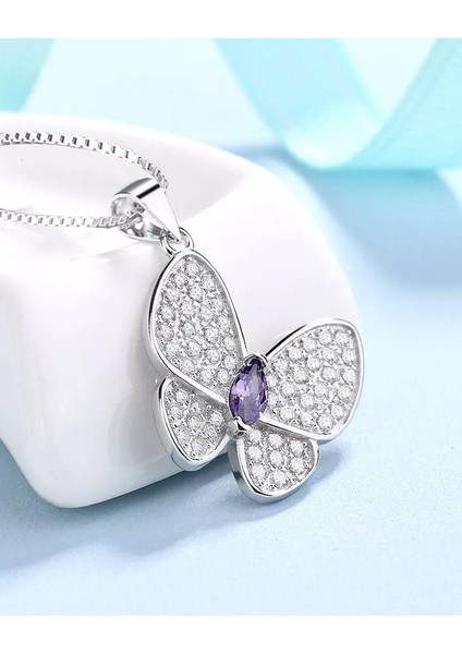 Ametist Taş Işıltılı Kelebek Diamond Butterfly Kadın Gümüş Kolye fiyatları