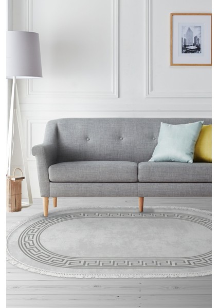 Dijital Salon Halısı Yıldız Deri Kaymaz Taban Saçaklı Oval Modern Cassietta Gri