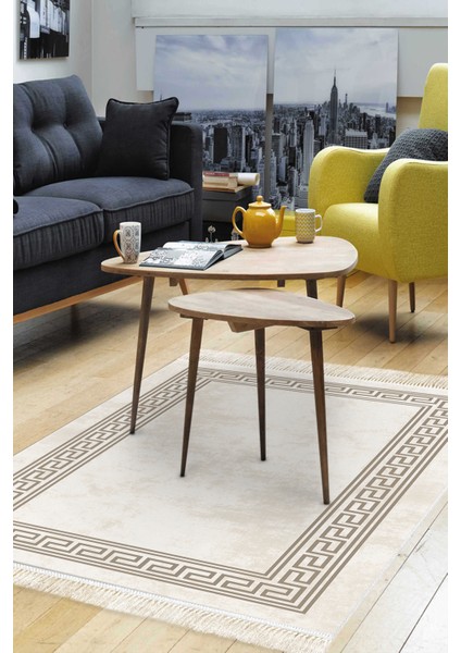 Dijital Salon Halısı Yıldız Deri Kaymaz Taban Saçaklı Modern Cassietta Krem