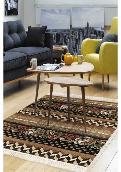 Dijital Salon Halısı Trend Keçe Kaymaz Taban Saçaklı Modern Becca Kahve