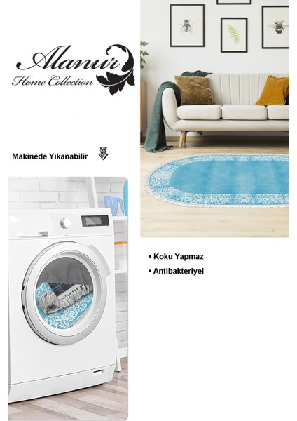 Dijital Salon Halısı Star Pamuk Kaymaz Taban Saçaklı Oval Modern Sequoia Mavi modelleri