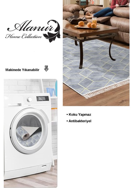 Dijital Salon Halısı Trend Keçe Kaymaz Taban Saçaklı Modern Hope Mavi modelleri
