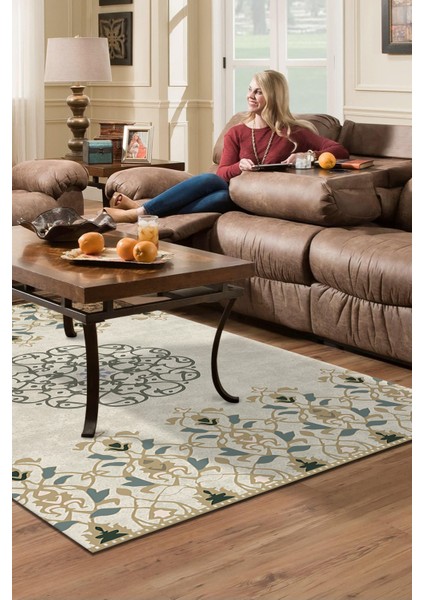 Dijital Salon Halısı Trend Keçe Kaymaz Taban Modern Demetria Bej