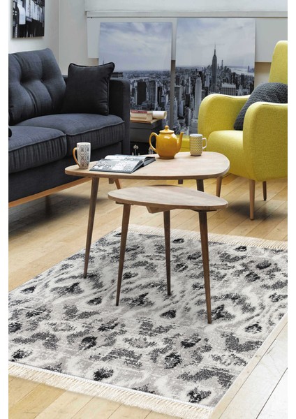 Dijital Salon Halısı Trend Keçe Kaymaz Taban Saçaklı Iskandinav Annika Gri