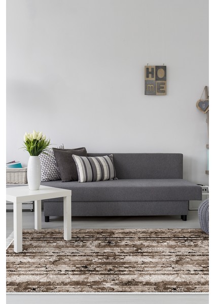 Dijital Salon Halısı Trend Keçe Kaymaz Taban Saçaklı Modern Rita Kahve