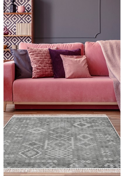 Dijital Salon Halısı Trend Keçe Kaymaz Taban Saçaklı Iskandinav Lorene Antrasit