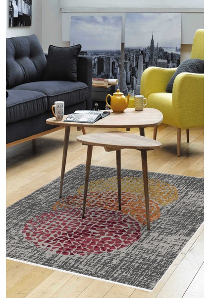 Dijital Salon Halısı Yıldız Deri Kaymaz Taban Modern Saeran Krem Oranj Kırmızı