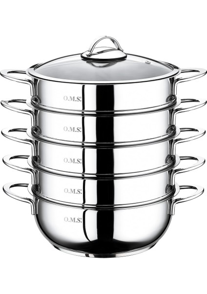 6090-C - 6 Parça Paslanmaz Çelik, Cam Kapaklı 32X10 cm - 7 Litre Buharlı Pişirici, Mantı Tenceresi