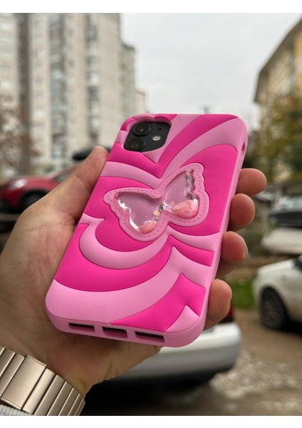 iPhone 11 Kılıf Sihirli Kelebek Içi Sıvılı Simli Figür Liquid Yumuşak Esnek Renkli Silikon Butterfly