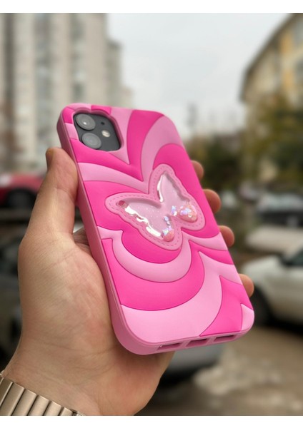 iPhone 11 Kılıf Sihirli Kelebek Içi Sıvılı Simli Figür Liquid Yumuşak Esnek Renkli Silikon Butterfly