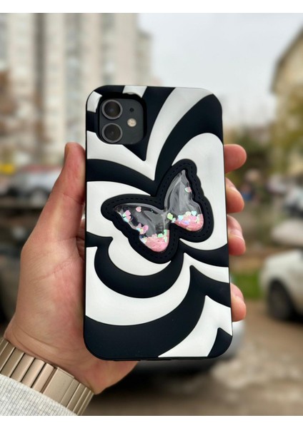 iPhone 11 Kılıf Sihirli Kelebek Içi Sıvılı Simli Figür Liquid Yumuşak Esnek Renkli Silikon Butterfly