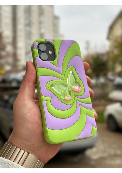 iPhone 11 Kılıf Sihirli Kelebek Içi Sıvılı Simli Figür Liquid Yumuşak Esnek Renkli Silikon Butterfly