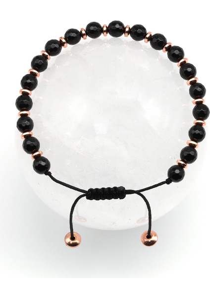 Oniks - Hematit Doğal Taş Makrome Örme Bileklik Fasetli Kesim