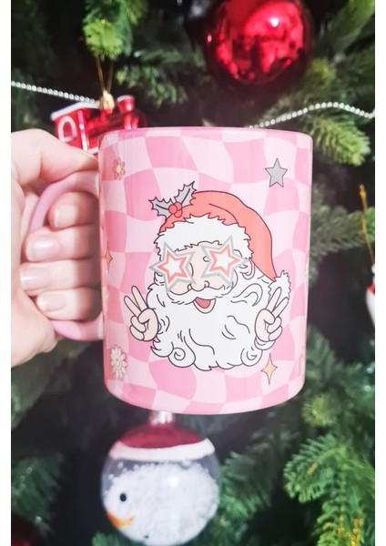 Retro Groovy Santa Tasarım Yılbaşı Hediyesi Pembe Kupa Bardak