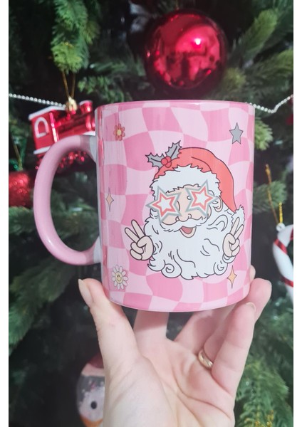 Retro Groovy Santa Tasarım Yılbaşı Hediyesi Pembe Kupa Bardak modelleri