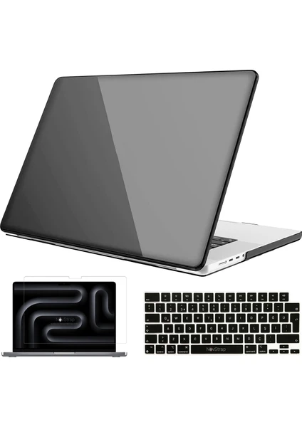 Novstrap Apple Macbook Pro 14 Inç M3 A2992 A2918 ile Uyumlu Parlak Kılıf + Siyah Klavye Kılıfı +Film