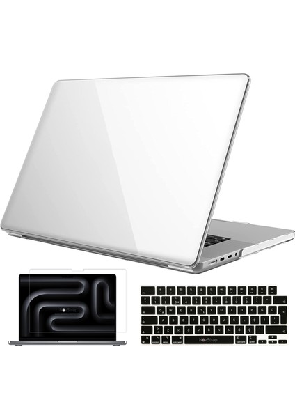 Novstrap Apple Macbook Pro 14 Inç M3 A2992 A2918 ile Uyumlu Parlak Kılıf + Siyah Klavye Kılıfı +Film