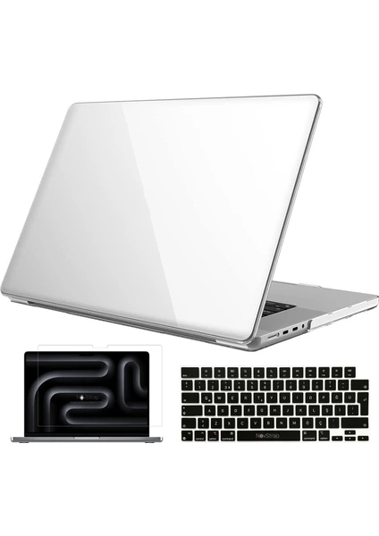 Novstrap Apple Macbook Pro 14 Inç M3 A2992 A2918 ile Uyumlu Parlak Kılıf + Siyah Klavye Kılıfı +Film