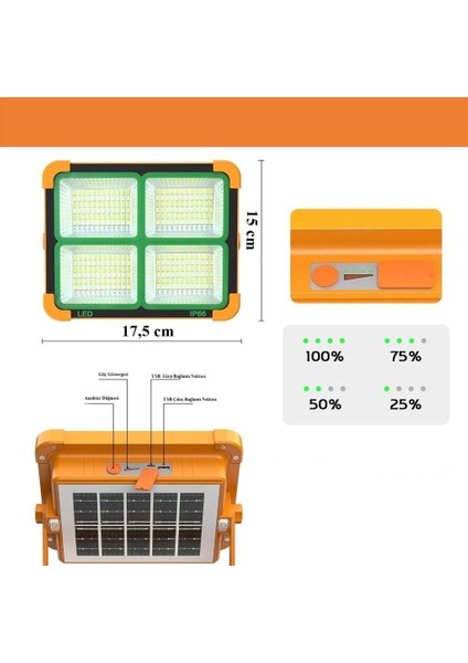 Taşınabilir Solarlı Çalışma ve Kamp Işığı, Powerbanklı Güneş Enerjili IŞILDAK,FENER-150W 200 Lümen 264 Ledli-Kçk