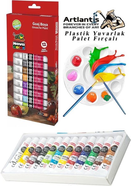 Guaj Boya 12 Renk Nova Color 12 ml Tüp 1 Paket 12 Li Guaj Boya Seti ve Yuvarlak Resim Paleti Fırçalı 1 Paket 10 Hazneli Boya Paleti Sanatsal Boyalar Için Palet Guaj Boya