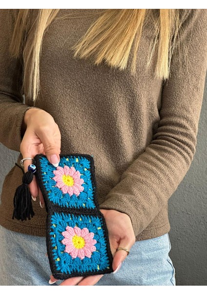20X10 cm El Örgüsü Kabartma Çiçekli Cüzdan Telefon Kılıfı Makyaj Çantası