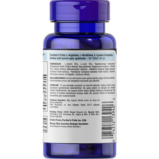 Puritan's Pride LArginine LOrnithine LLysine Complex 60 Fiyatı