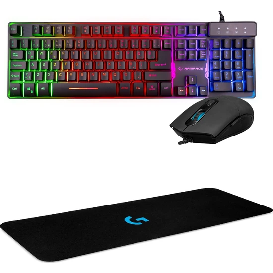 Rampage Km-Rx9 Cypher Gökkuşağı Zemin Aydınlatmalı Q Oyuncu Klavye + Mouse Set +Logitech 30 x 70 cm Oyuncu 2 mm Gaming Oyuncu Mouse Pad