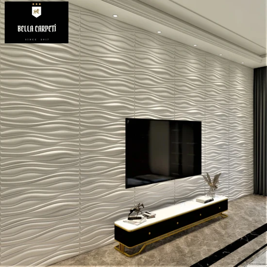 Bella Carpeti 3D Kabartmalı Pvc Yeni Nesil Yapışkanlı Duvar Kağıdı Paneli Boyanabilir Dalgalı Model Beyaz Renk 50X50CM