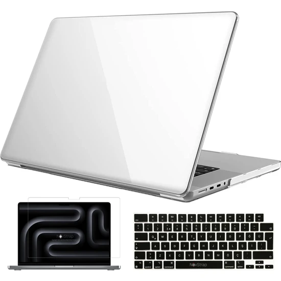 Novstrap Apple Macbook Pro 14 Inç M3 A2992 A2918 ile Uyumlu Parlak Kılıf + Siyah Klavye Kılıfı +Film