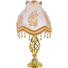 dekovien Ekru Kadife Kaplı Fransız Dantel Süsleme Vintage Abajur Gold Kaplama Metal Ayak 30X50CM AB0766
